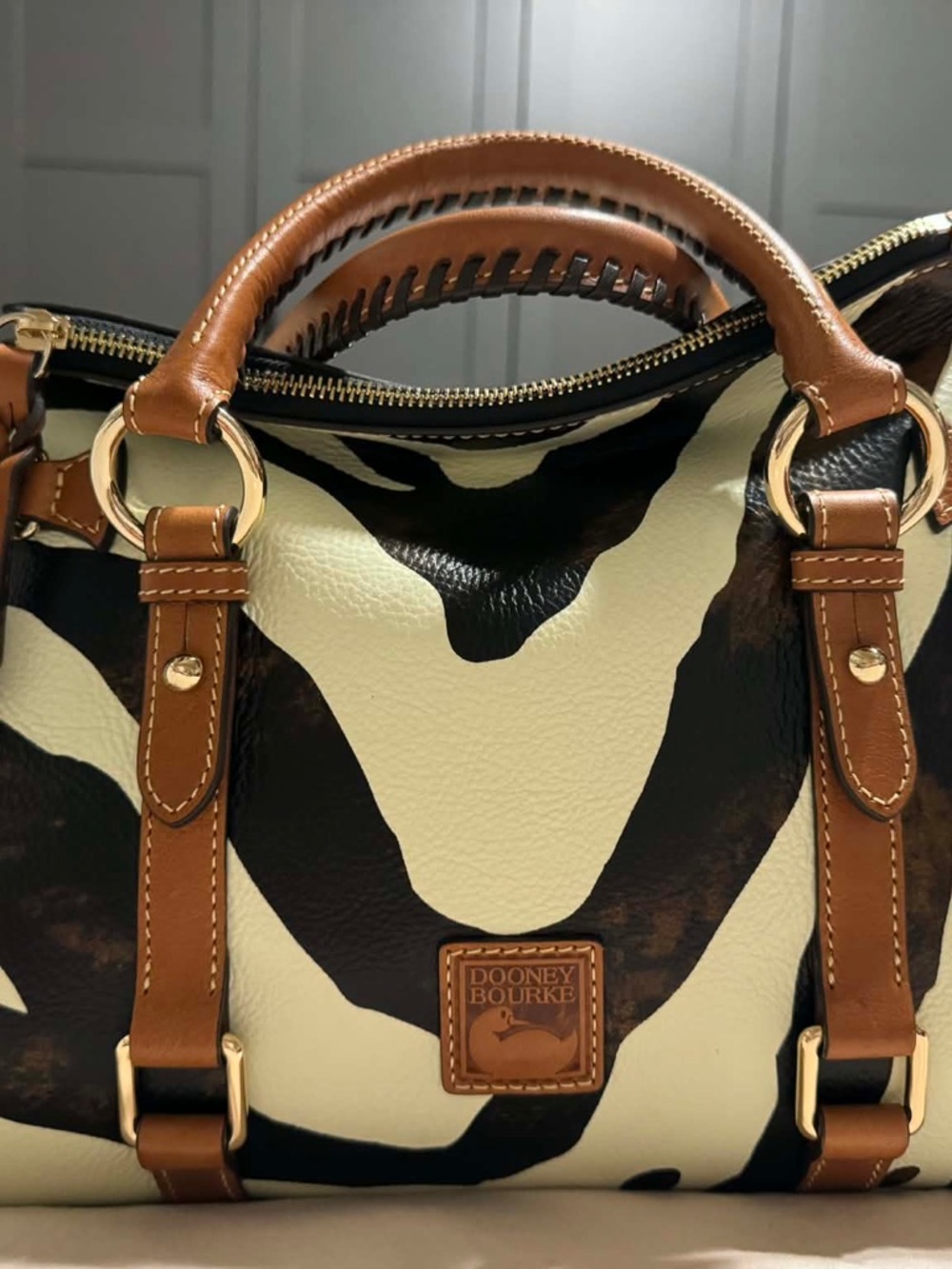 Rare Dooney & Bourke Zebra Print Cream, Black and Brown Leather Satchel